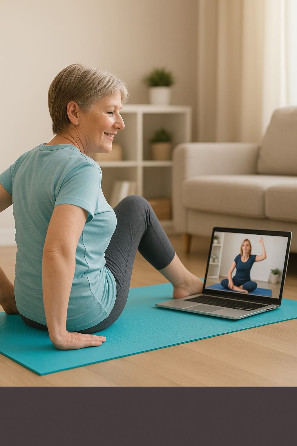 Nő otthon gerinctornázik laptop segítségével